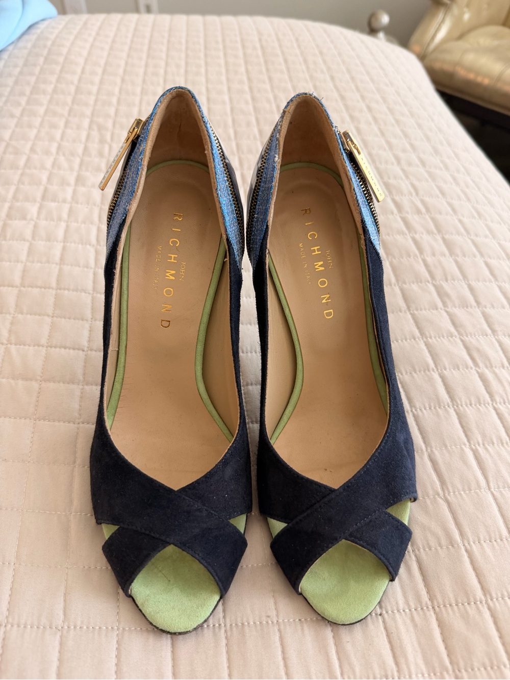 Richmond Navy Suede Peep-Toe Heels with Light Green Insole